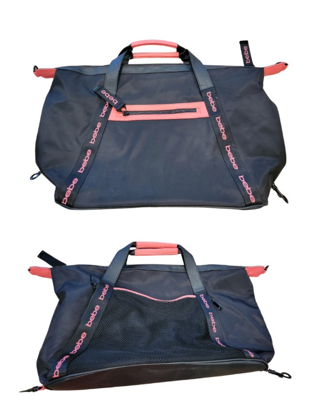 Bebe Melanie Black/Pink Logo Duffle Bag w Mesh Pocket